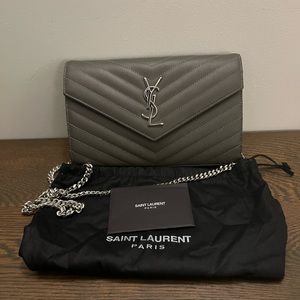 Saint Laurent Classic Wallet on Chain in Grey with Silver Hardware